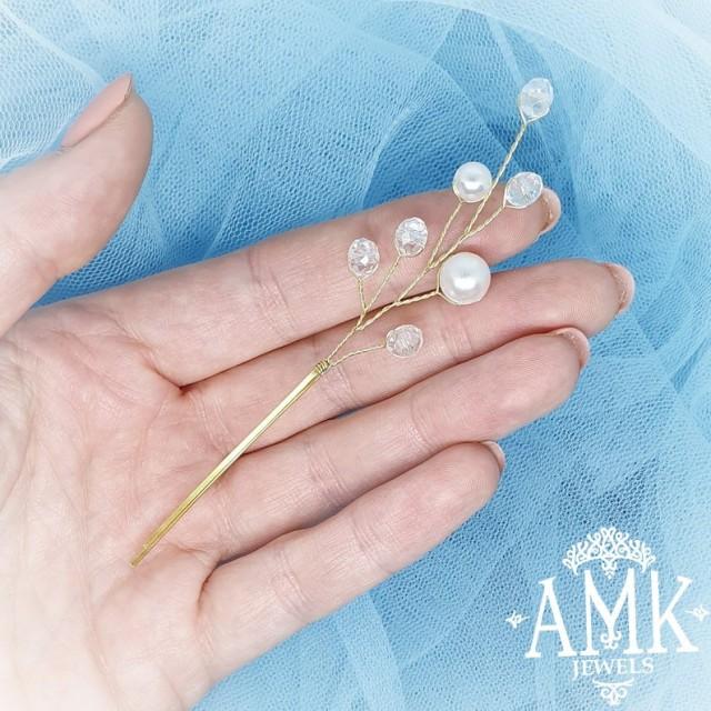 Hair Pins With Beads And Crystals, Bridal Golden Hair Pins, One Or Set