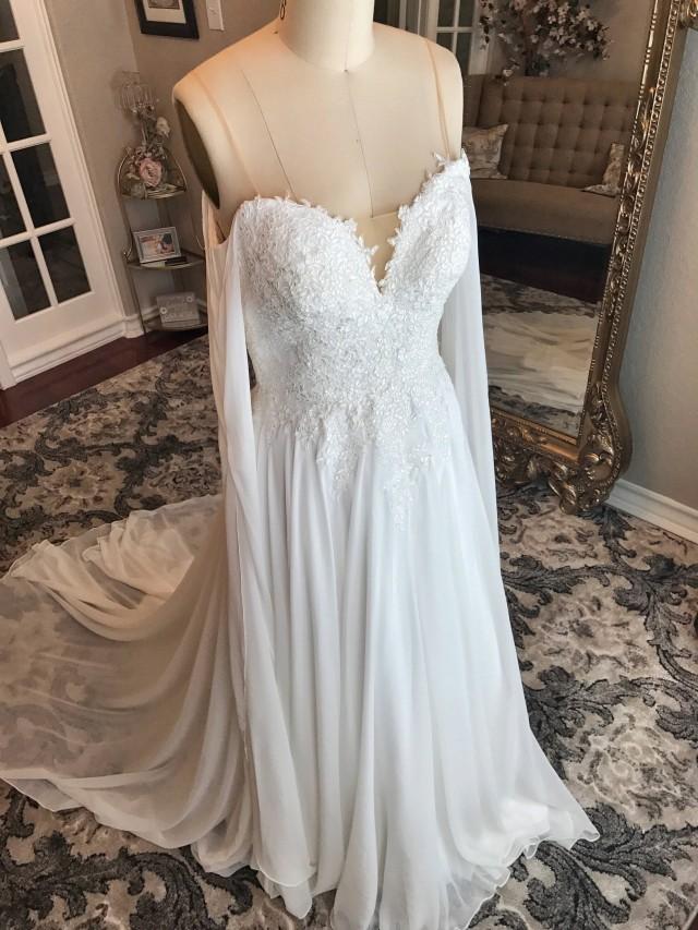 Meghan Unique Chiffon And Lace Flowy Wedding Dress Light Ivory Wedding Dress Unique Sleeves 9992