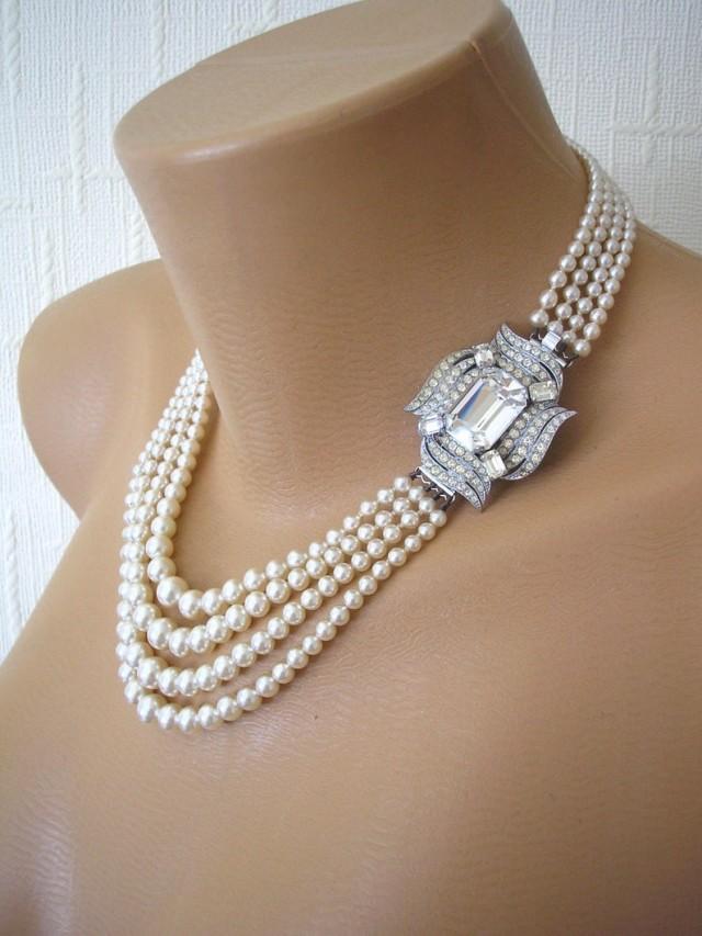 Vintage 4 Strand Pearl Necklace With Side Clasp, Ivory Pearl Necklace