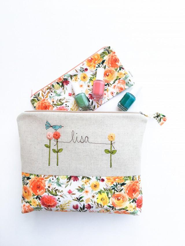 Custom Gift For Women, Burnt Orange Floral Cosmetic Bag, Large