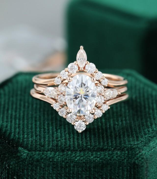 3pcs Oval Moissanite Engagement Ring Set Vintage Unique Rose Gold