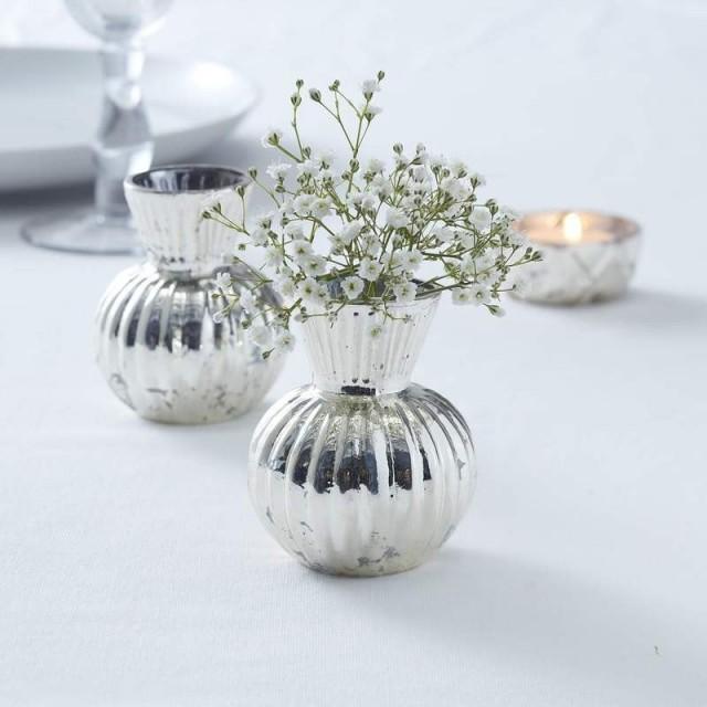 SILVER Ribbed Flower Vase, Rustic Wedding Decorations, Wedding Flower