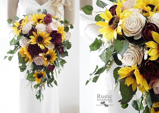 Sunflower And Burgundy Wine Sola Flower Bridal Cluster Cascade Bouquet ~ Sola Flower Bouquet Sola 5139