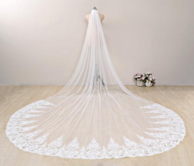 Dramatic Bridal Veil,Ivory Cathedral Length Lace Veil Extra Wide,Lace