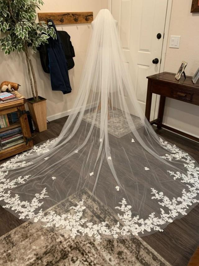 Cathedral White Or Light Ivory Lace Veil, Simple Bridal Veil, Long Veil