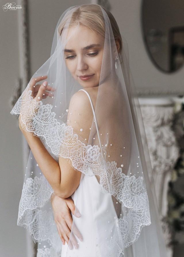 Lace Wedding Veil Bridal Veil With Blusher Pearl Veil 2 Tier Veil