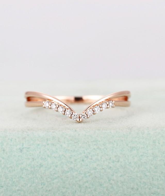 Rose Gold Wedding Band,Diamond Curved Ring,Women's Chevron And Unique