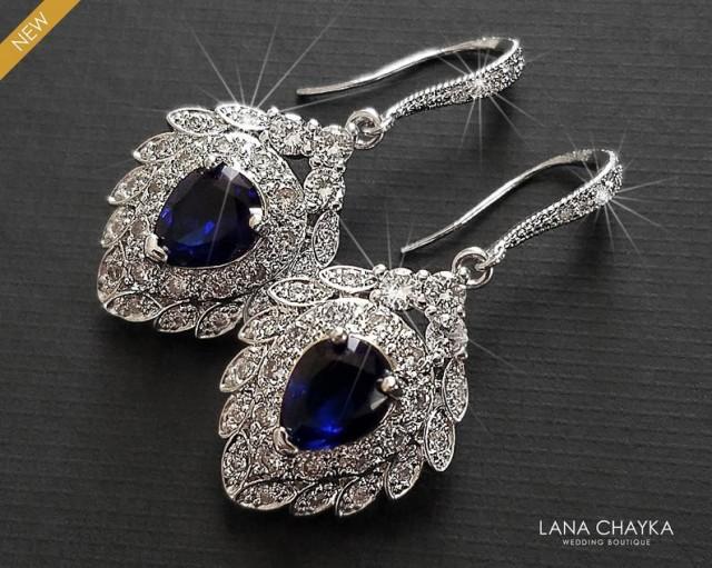 Navy Blue Silver Bridal Earrings Wedding Cubic Zirconia Earrings Navy