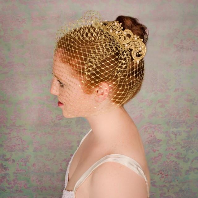 Gold Birdcage Veil, Unique Veil, Gold Bridal Veil, Gold Wedding Veil