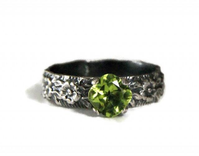 Cushion Cut Peridot Ring Oxidized Sterling Silver Floral Band August