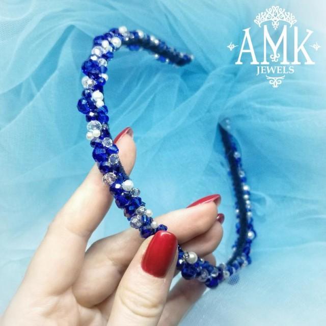 Navy Blue Headband, Royal Blue Beaded Rim, Custom Headband For Bride, Bridesmaid Headpiece, Blue