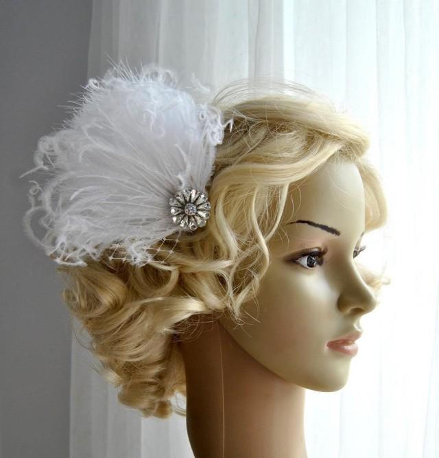 1920s Rhinestone Head Piece Bridal White Hairpiece Headbpiece Feather Fascinator1920s 6229