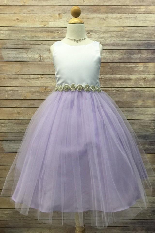 Tea Length Flower Girl Dress With Rhinestone Beaded Belt, Satin Top And