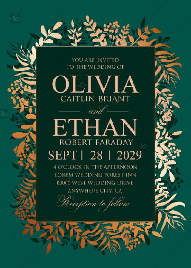 Greenery Herbal Gold Foliage Emerald Green Wedding Invitation Set Card Template PDF 5x7 In