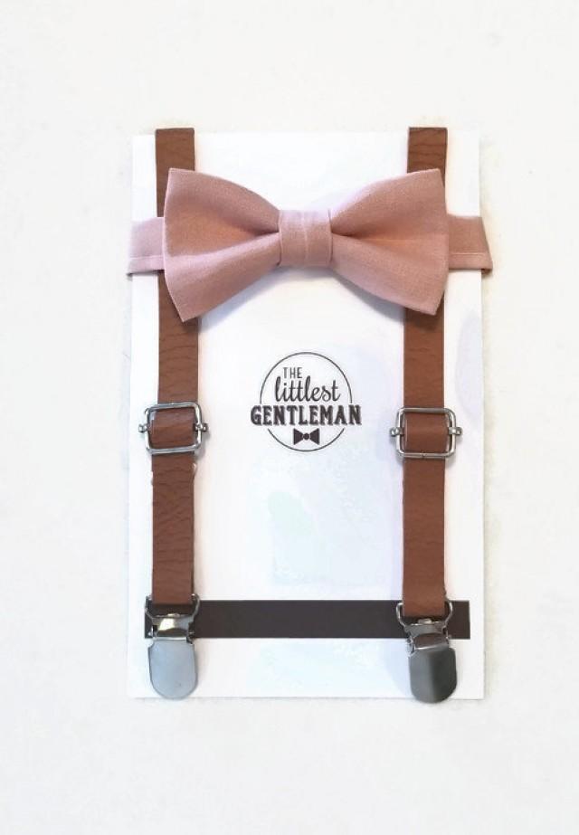 Boys Dusty Rose Bow Tie And Faux Leather Suspenders Set , Suspenders