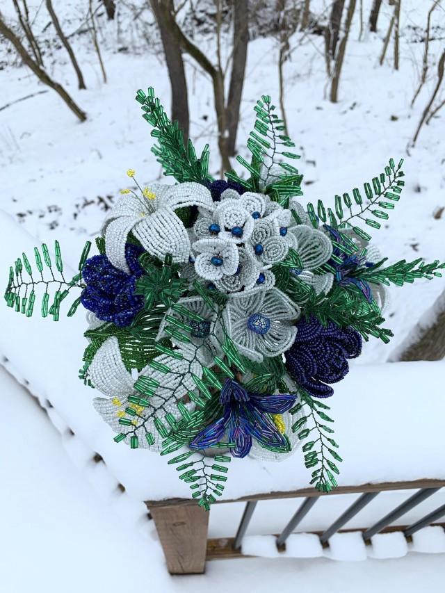 Blue And White French Beaded Flower Bouquet Or Arrangement (Vase Not