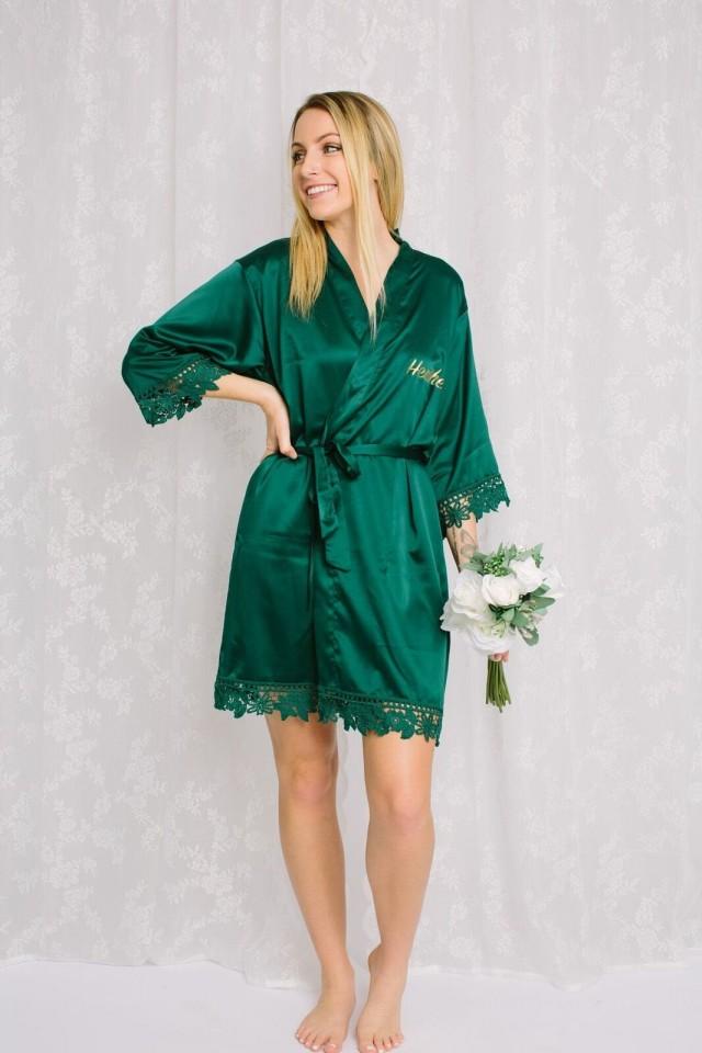 Green Bridesmaid Robes, Bridesmaid Gifts, Satin Lace Robes, Bridal