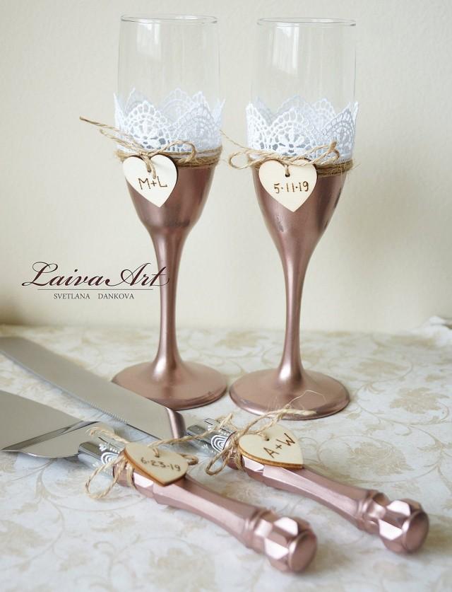 Rose Gold Wedding Glasses Wedding Flutes Toasting Glasses Rustic Cake Server Set Cake Cutter Set