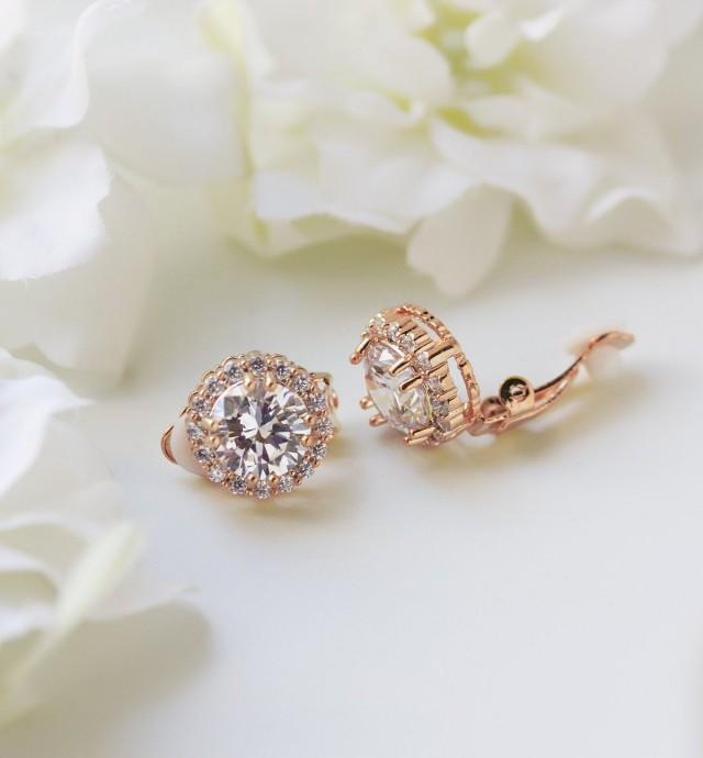 Rose Gold Clip On Earrings, Rose Gold Studs, Bridal Jewelry, Round