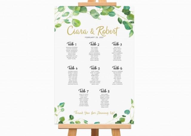 Rehearsal Dinner Decorations, Eucalyptus Watercolor Seating Chart Table