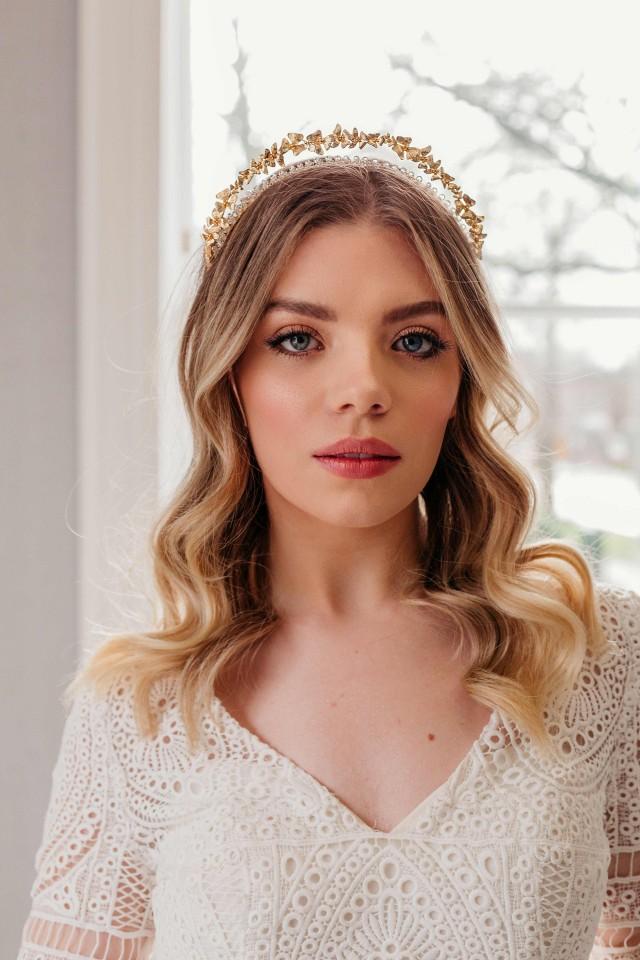 Gold Wedding Tiara, Gold Bridal Crown, Gold Flower Halo, Flower Bridal