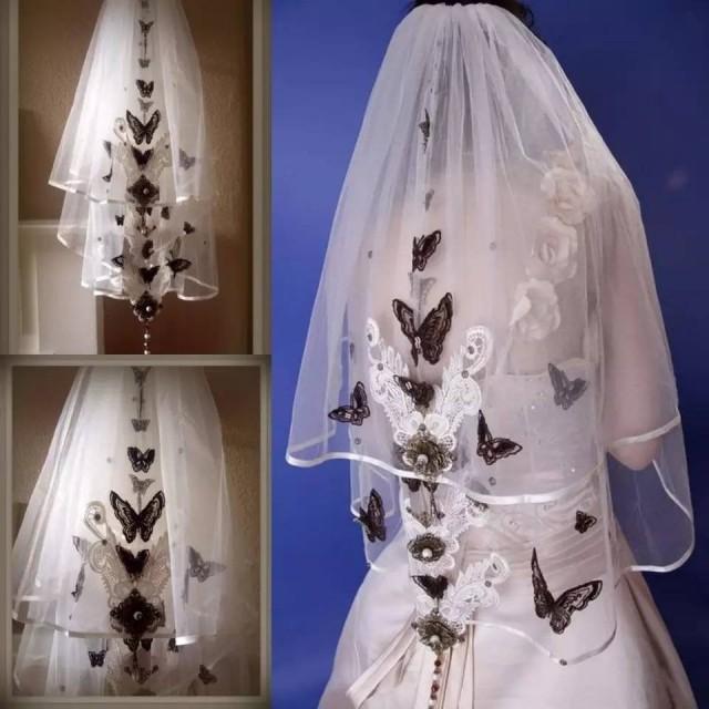 Wedding Veil With Black Butterfly Design In WhiteBridal Veil,White