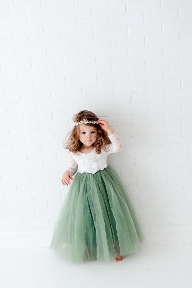 White Lace Flower Girl Dress Sage Green Long Sleeve Wedding Dress Ball Bohemian Mint Tulle 9583