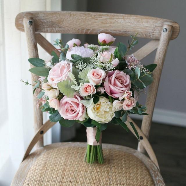 Blush Pink Artificial Rose & Peony Bridal Bouquet, Greenery Wedding
