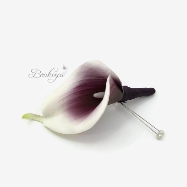 Choose Ribbon Color Purple Calla Lily Boutonniere Real Touch Picasso