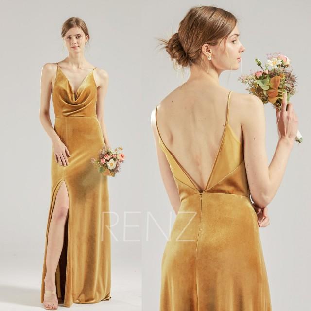 Bridesmaid Dress Ginger Velvet Prom Dress Long Slit Formal Dress Cowl