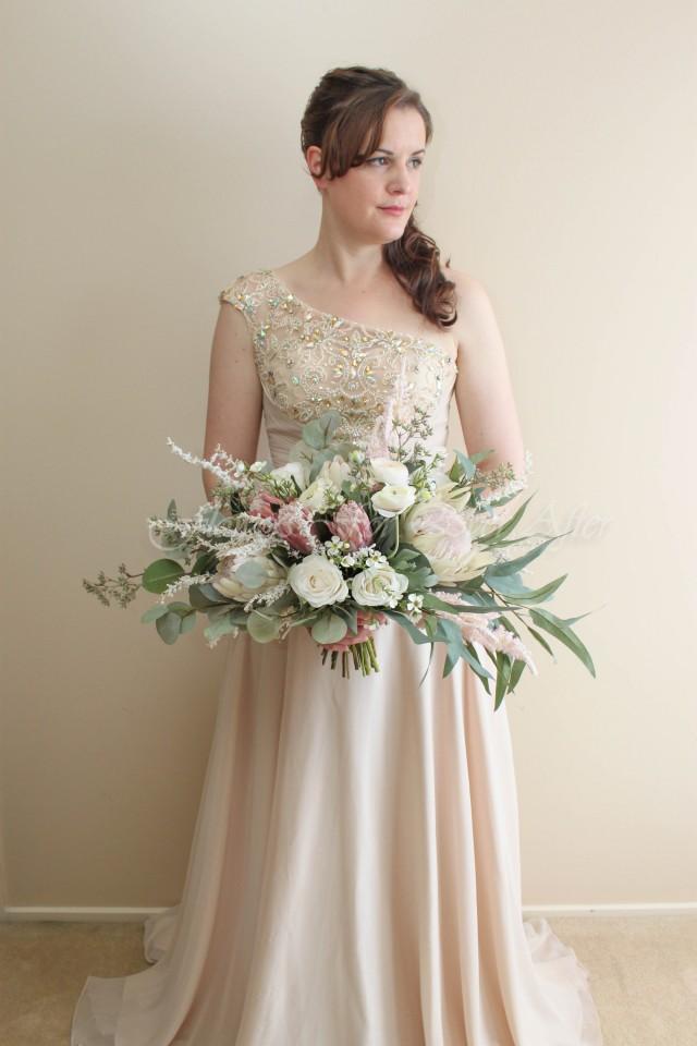 Isobel Bridal Bouquet, Wide Spray Posy, Dusty Pink Protea Bouquet