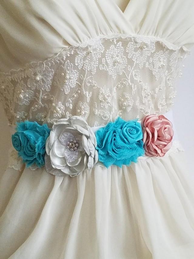 Turquoise Coral White Wedding Sash, Bridal Rustic Sash, Double Faced