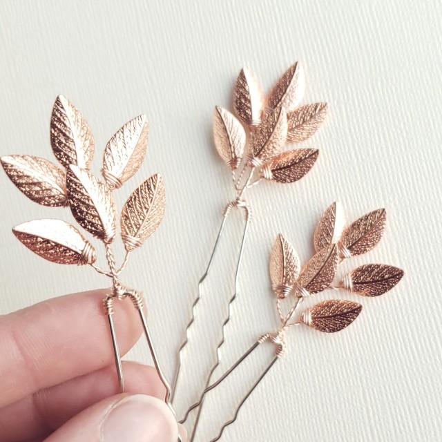 Bridal Hair Pin, Leaf Hair Pins, Rose Gold Hair Comb, Wedding Hair Pins