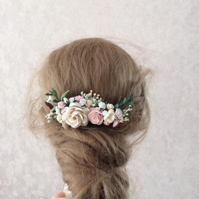 Blush Wedding Hair Piece, Blush And Ivory Flower Hair Clip, Greenery