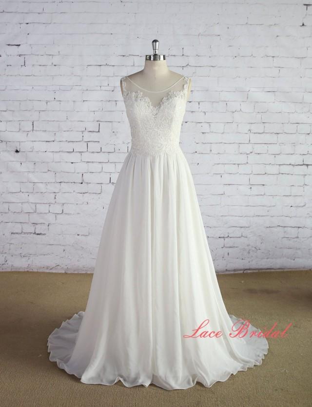 Bateau Neck Wedding Dress V Back Wedding Gown Ivory A Line Bridal Gown Chiffon Wedding Dress 6383