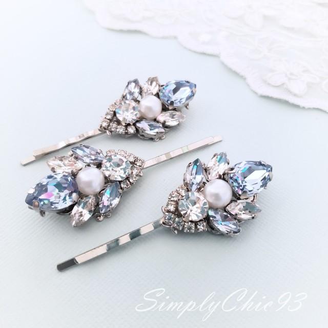 Snow Blue Pins, Light Sapphire Blue Swarovski Crystal Hair Pin. Vintage