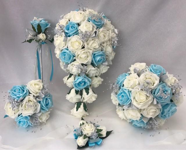 Artificial Wedding Bouquets Flowers Sets Ivory Aqua Blue 2974872