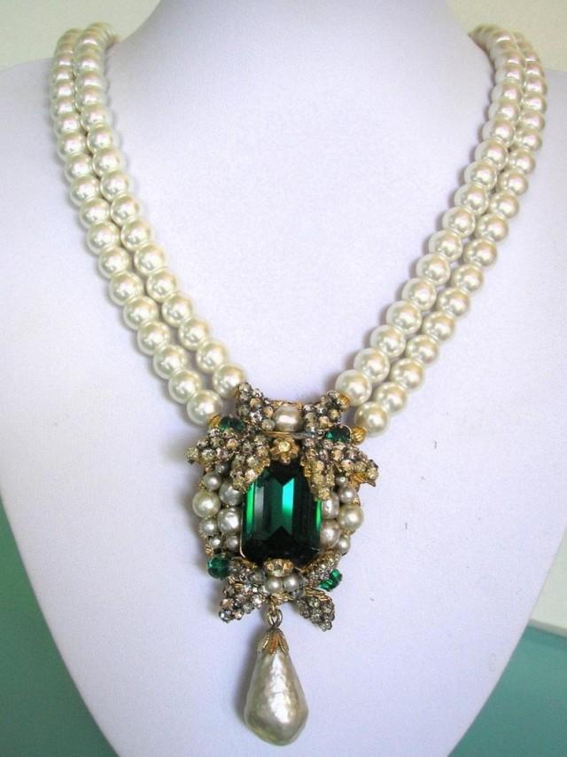 Pearl And Emerald Necklace, VENDOME Signed Jewellery, Vintage Costume