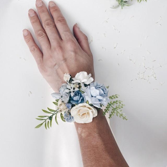 Dusty Blue Ivory Wrist Corsage, Floral Wrist Corsages, Blue Wrist