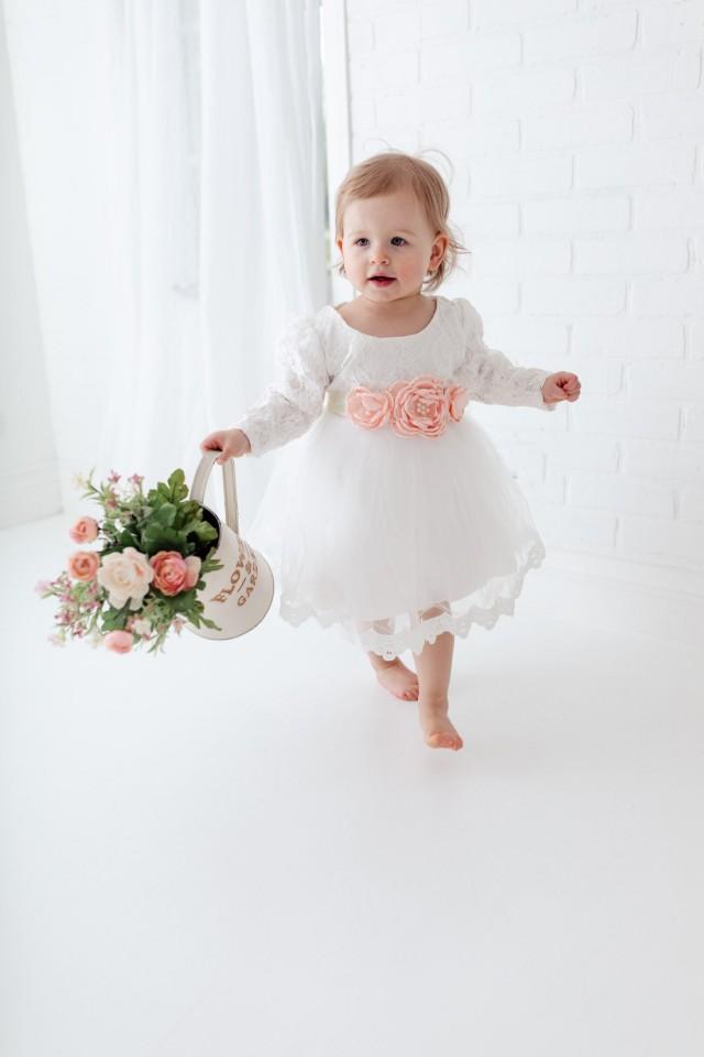 Lace Baby Baptism Dress, Floral Crochet Christening Gown, Long Sleeve