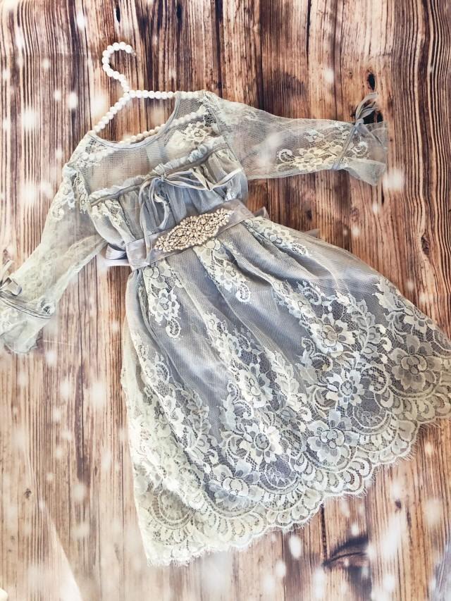 Gray Flower Girl Lace Dress, Vintage Inspired Birthday Dress , Little