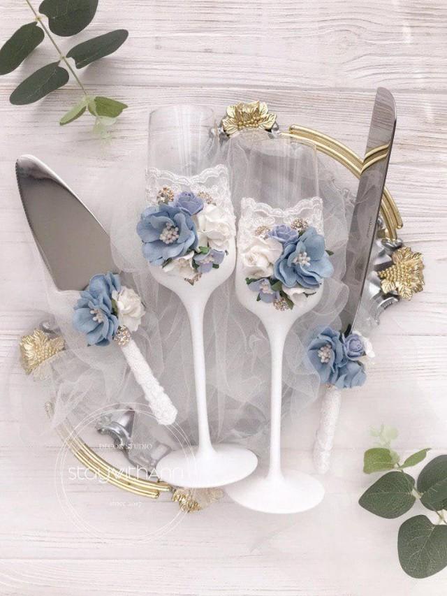 Dusty Blue Champagne Flutes Wedding Bride And Groom Toasting Flutes