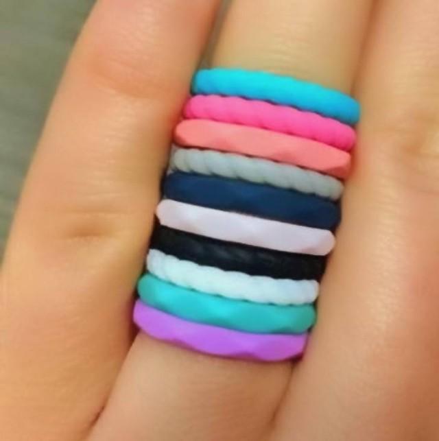 Silicone Rings Set For Women; Thin Stackable Wedding Bands, Braided And