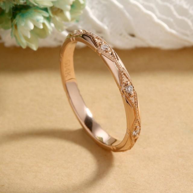 Art Deco Wedding Band Rose Gold Vintage Milgrain Antique Dainty Diamond 