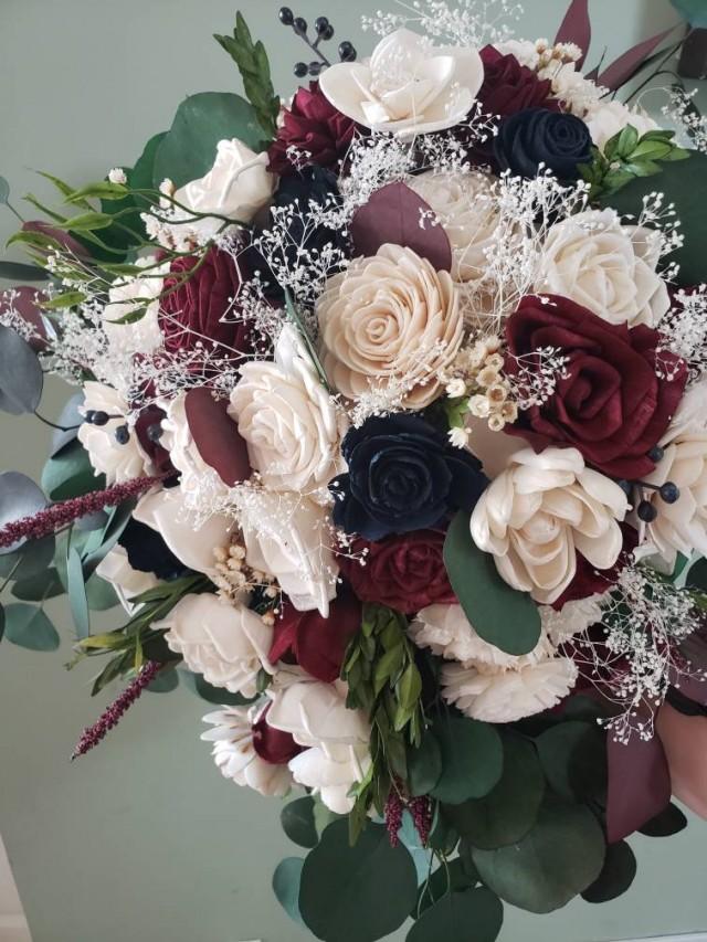 Burgundy And Navy Blue Cascading Bouquet, Sola Wood Flowers 2976490 Weddbook