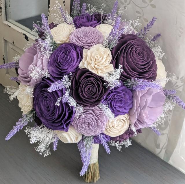 Purple Plum Lilac And Ivory Sola Wood Flower Bouquet With Lavender