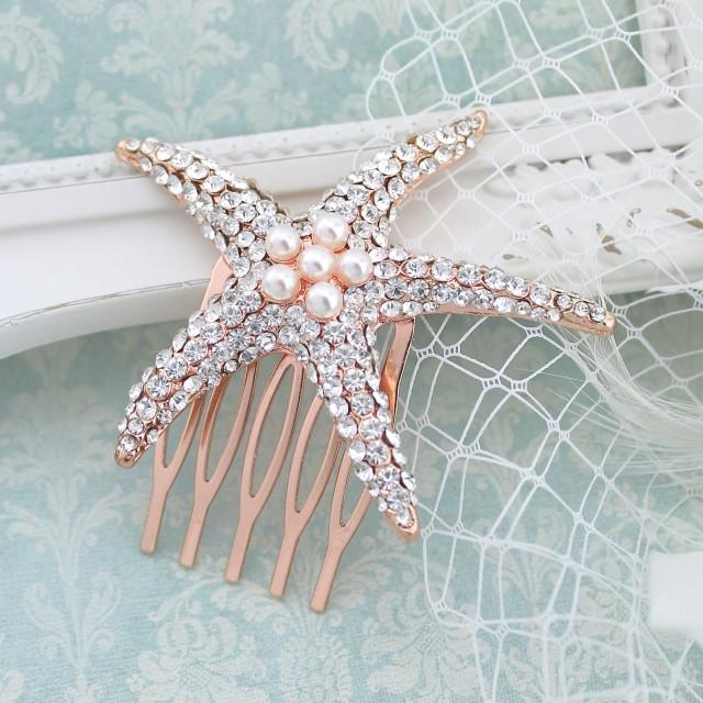 Bridal Starfish Comb, Rhinestone Rose Gold Headpiece, Beach Wedding