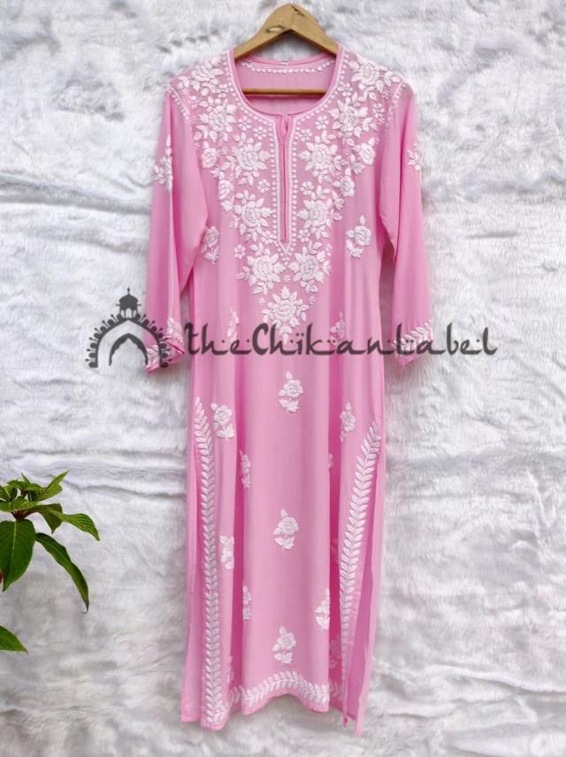 Details about   Pink Modal Cotton Kurti Kurta Handmade Chikan Kurta Indian Pakistani Wear Kaftan 