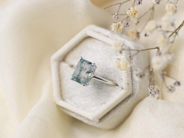 Moss Agate Ring, 9x7 Emerald Cut Faceted Moss Agate Ring, Moss Agate