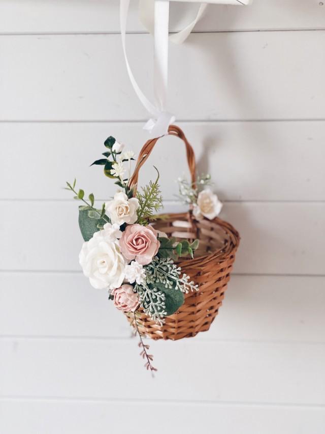 Flower Girl Basket, Blush Flower Girl Basket, Flower Girl Basket With